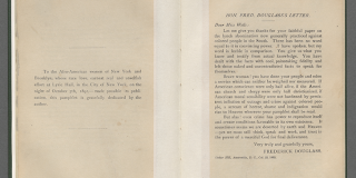 Printed book with a dedication on the left-hand page “To the Afro-American women of New York and Brooklyn” and on the right the text of a letter from Frederick Douglass to Ida B. Wells.