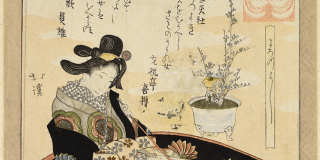 Print showing a seated woman holding a long pipe and reading a book, with script in Japanese printed over her head.