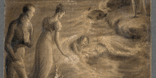 Grayscale drawing of a woman and man approaching a man in the waves as two other men, one holding a torch, look on