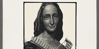 Scratchboard black-and-white portrait of Mary Shelley, depicted looking at the viewer and holding a needle and thread with which she sews her left hand onto her arm