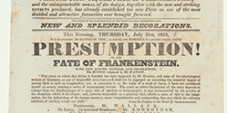 Printed broadside playbill with title, description, and case of the play Presumption! or, The Fate of Frankenstein