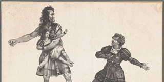 Black-and-white print showing a man in a toga-like garment holding a young girl in one arm while another man sinks to one knee and seems to plead with him