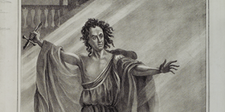 Black-and-white print showing a man in a toga-like garment and cape holding a dagger in one hand as another man cowers on the floor