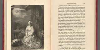 Printed book laid open, with an engraving overlaid on the lefthand page titled Juliet and depicting a woman in a gown, kneeling and looking up at the moon