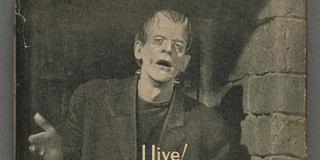 Closed cover of a book featuring a black and white photograph of Frankenstein’s monster as depicted in the 1931 film