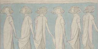 six images of the same androdynous-looking woman who has a short, puffy bob and is wearing a long tunic / dress. Each image has her in a slightly different position so that it looks like she is a dancing paper-chain doll.