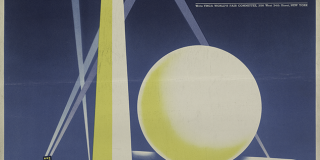 Poster of the Trylon and Perisphere insignia and title of the 1939 World’s Fair, with smaller illustrations of airplanes, skyscrapers, an ocean liner and train, primarily printed in yellow, red, and light blue over a darker blue background