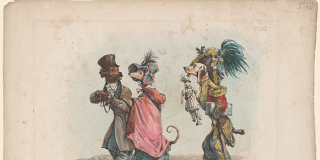 Dogs elaborately dressed in human clothing walk down the street, one with top hat and overcoat arm-in-arm with another in a dress, cloak, and feathered bonnet, followed by a third, carrying a doll and wearing in a braided uniform and large hat with a feather