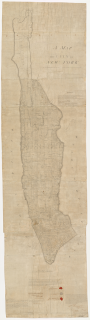 Historic map from the 1800s on a long sheet of yellowing paper that depicts an expansion proposal to put Manhattan streets on the grid system. 