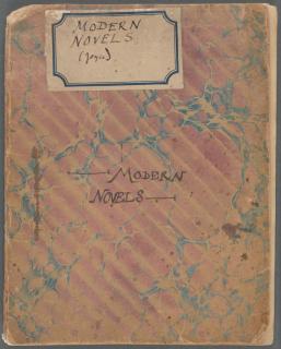 A faded pink and blue marbled journal cover with label reading "Modern Novels (Joyce)" and additional handwritten title "Modern Novels." 