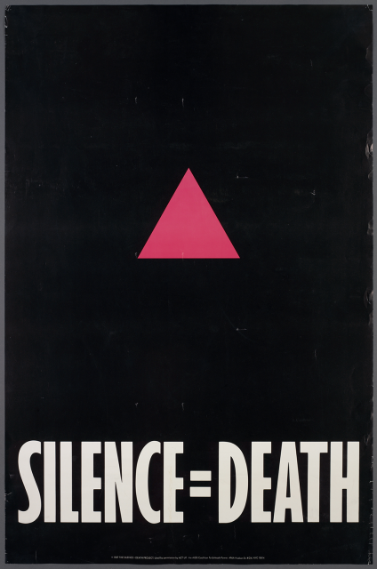 A black poster with a pink triangle and in bold white text it reads Silence = Death
