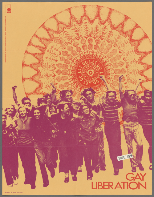 a poster in orange and purple tones with a circular mandala design and a group of people marching