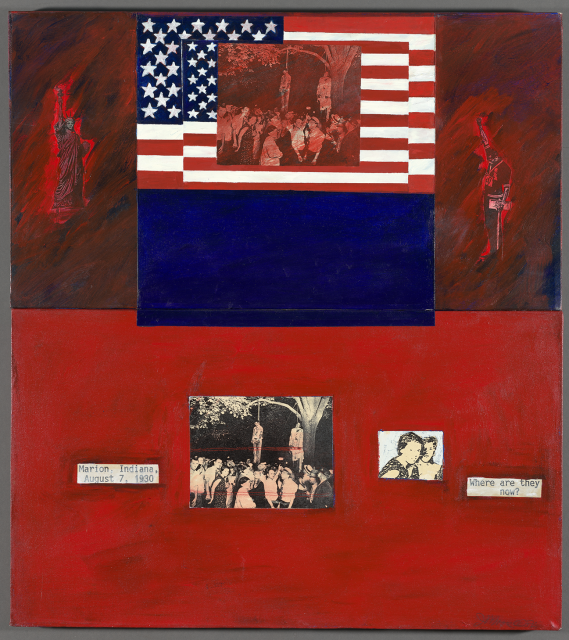 A collage-style painting in red, white, and blue with photographs of lynching, the Statue of Liberty, and a man with his head bowed and fist raised. 
