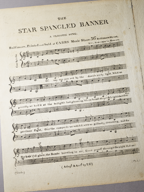 Sheet music of “The Star Spangled Banner,” starting with "O say can you see by the dawn's early light"