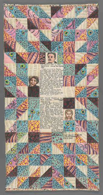 Illustration of a colorful quilt featuring illustrations of famous Black writers with several squares of text in the middle. 