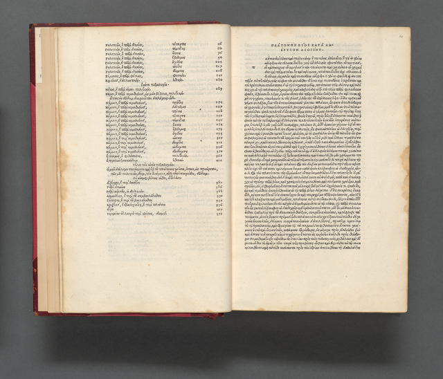 First printed edition of Plato’s complete works in Greek: Hapanta ta tou Platonos. / Omnia Platonis Opera.