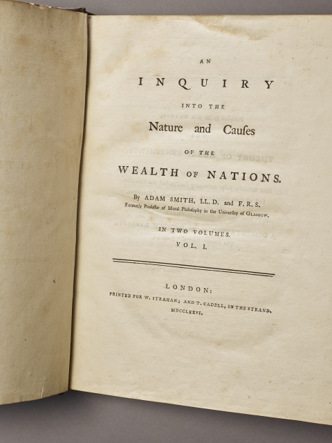 First edition of Adam Smith’s “The Wealth of Nations”; title page with typed text
