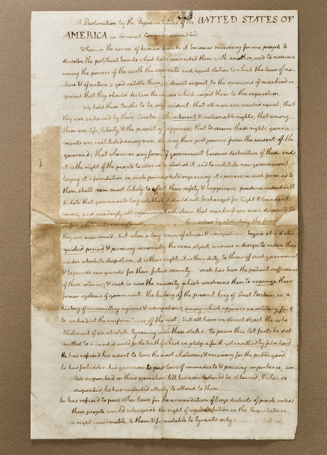 Thomas Jefferson’s handwritten copy of the Declaration of Independence; paper is browned and folded with script handwriting