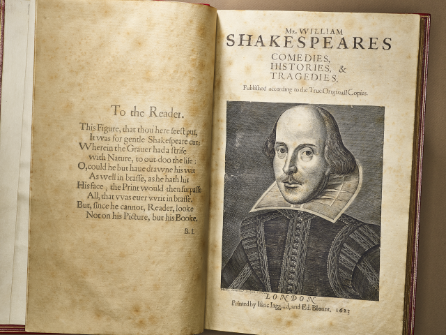 Printed book, with off white paper. The book is displayed open with a printed verse on the left-hand page and a black and white engraving of William Shakespeare.