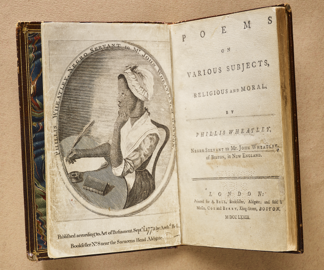 Phillis Wheatley’s Poems on Various Subjects, Religious and Moral. The book is displayed open with a portrait of Phillis Wheatley on the title page.