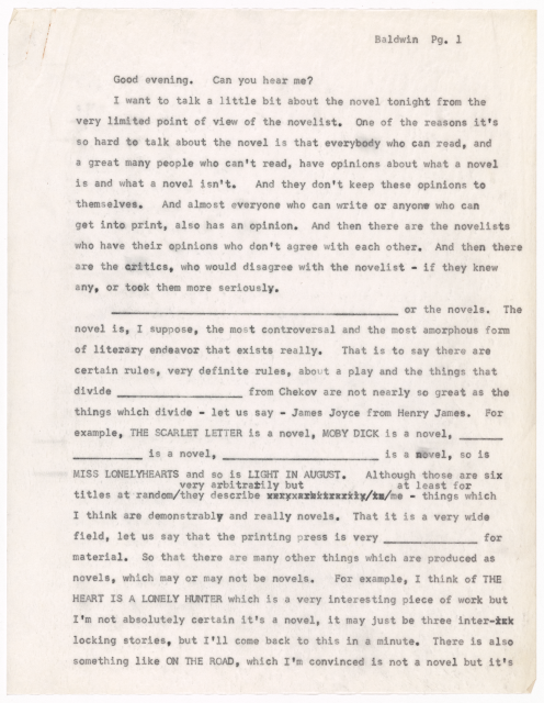 Typewritten page from James Baldwin’s draft of a speech entitled The Novel.