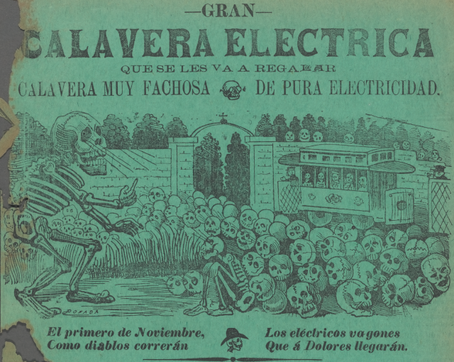 Gran calavera eléctrica. TExt and image on green sheet. Image: a large skeleton stands outside a graveyard gate; a trolley full of skeletons arrives. Skulls all over the ground.