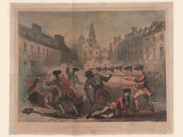 Colored print showing a battle scene in the street, with many figures in red coats and tricornered hats. At center a Black man (Crispus Attucks) bends dramatically backward at the thrust of one soldier’s bayonet 
