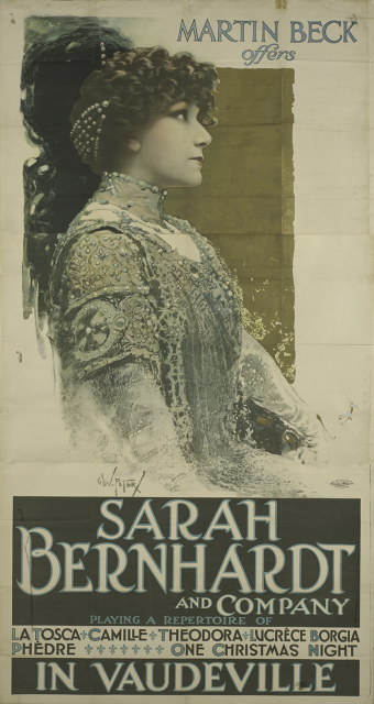 A poster featuring a colorized photograph of Sarah Bernhardt in tones of peach, green, and gold. She is shown in profile, wearing an elaborate costume, above her name and a list of the company’s repertoire
