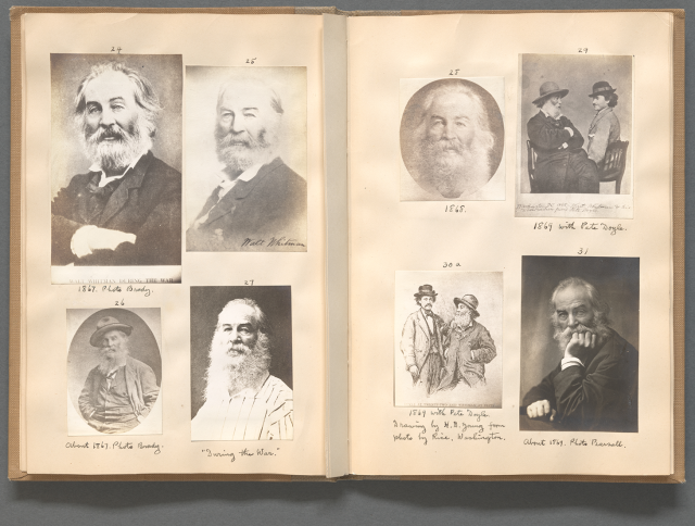 A scrapbook open to show two pages on which have been affixed eight different photographic depictions of Walt Whitman, each numbered and most accompanied by handwritten captions