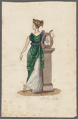 Watercolor illustration of a woman dressed in classical Greek robes and sandals and leaning against a waist-high pillar, on top of which she positions a lyre