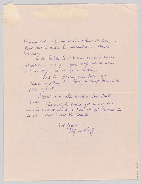 Back side of a letter written in blue ink and signed by Virginia Woolf