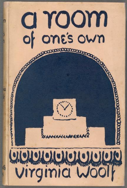 A tan book cover with a rounded showing a clock made of squares and geometric shapes, with lowercase text reading "a room of one's own / Virginia Woolf."