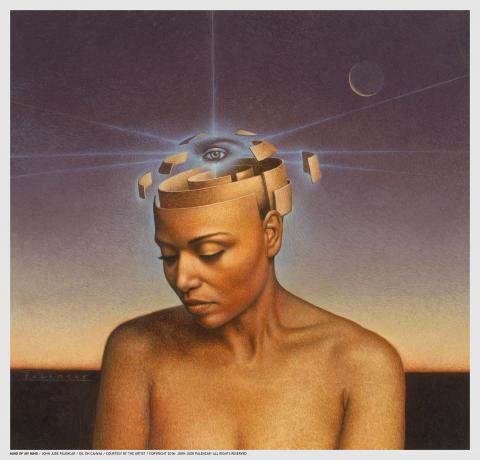 In a painting a Black woman is shown from shoulders up with a crescent moon hanging over a stark horizon behind her. The top of her head appears to open up like a maze with an eyes shining like a star at its center