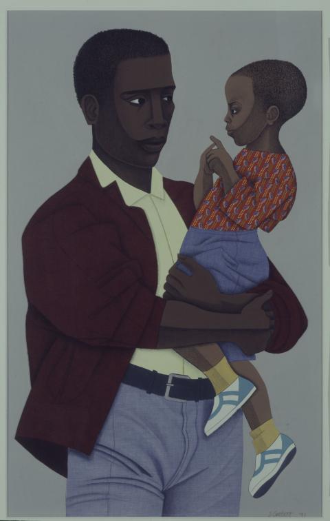 In a painting two stylized figures are shown. One figure, an African American man lovingly carries his child. 