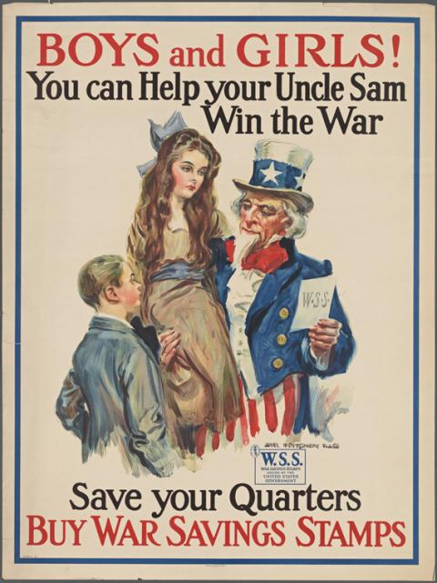 In a 1916 poster Uncle Sam, a figure representing the United States stands on a shore looking over a river filled with various warships and looks across at the opposite shore where other figures stand.