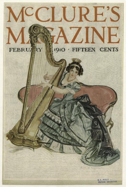 Cover of McClure's magazine from 1910 featuring woman in ornate dress playing a harp.