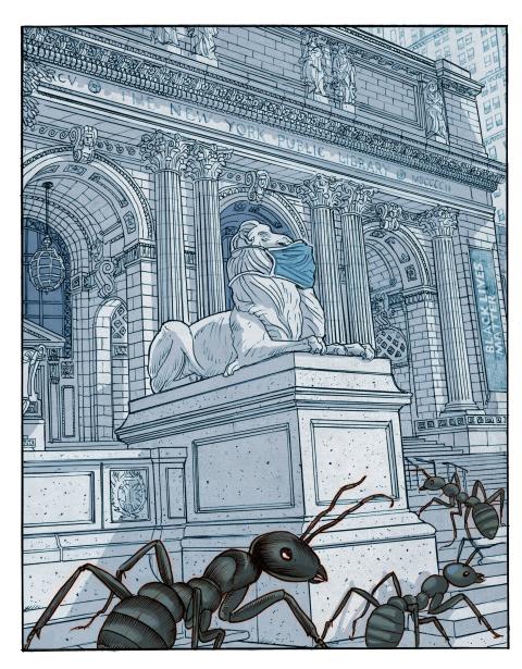 ants enter the front entrance of the New York Public Library