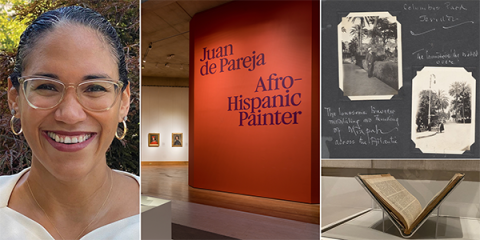 A headshot of Dr. Vanessa K. Valdés on left. In center, a wall in the center of the room in a brown-orange color with the words Juan de Pareja, Afro-Hispanic Painter, On  right, 3 black and white photographs on a black colored page of a scrapbook with handwritten messages. Below, a book in a glass display case.