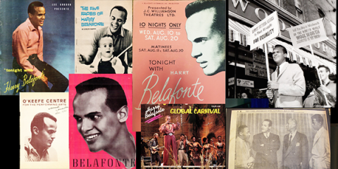 A collage of images featuring Harry Belafonte. It includes record albums and newspaper clippings. 