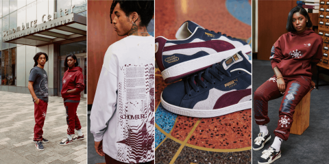 A collage of four photographs showing PUMA North America and Schomburg Center designed shirts, sweatshirts, sweatpants, and sneakers.