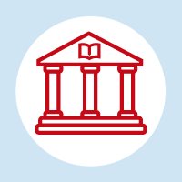 Light blue square with a white circle in the middle and a red icon of a library facade