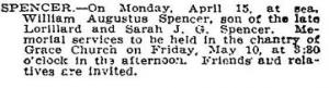 William A. Spencer's obituary,published in the New York Times, May 9, 1912